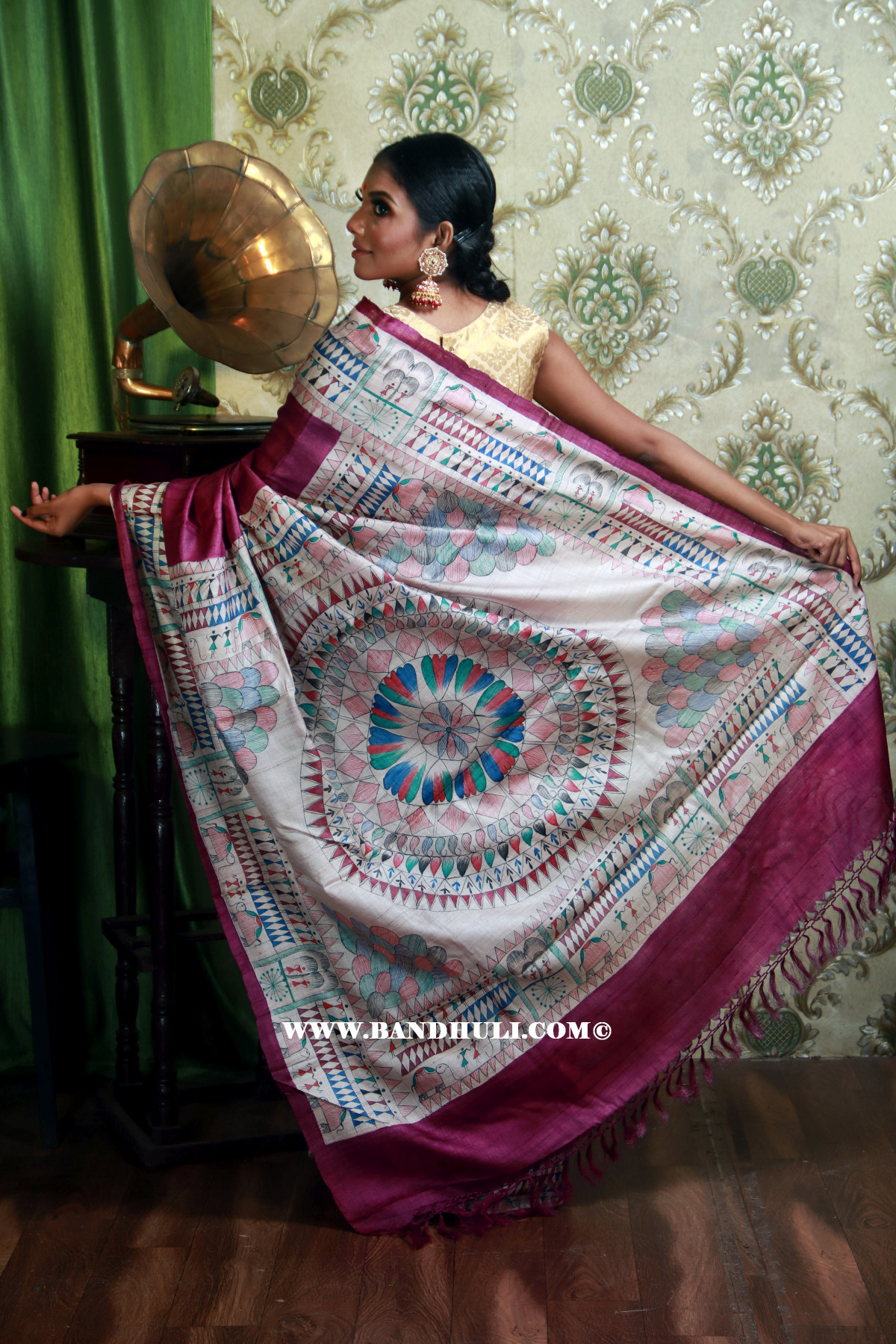 Magenta Madhubani Hand Painted Tussar Saree